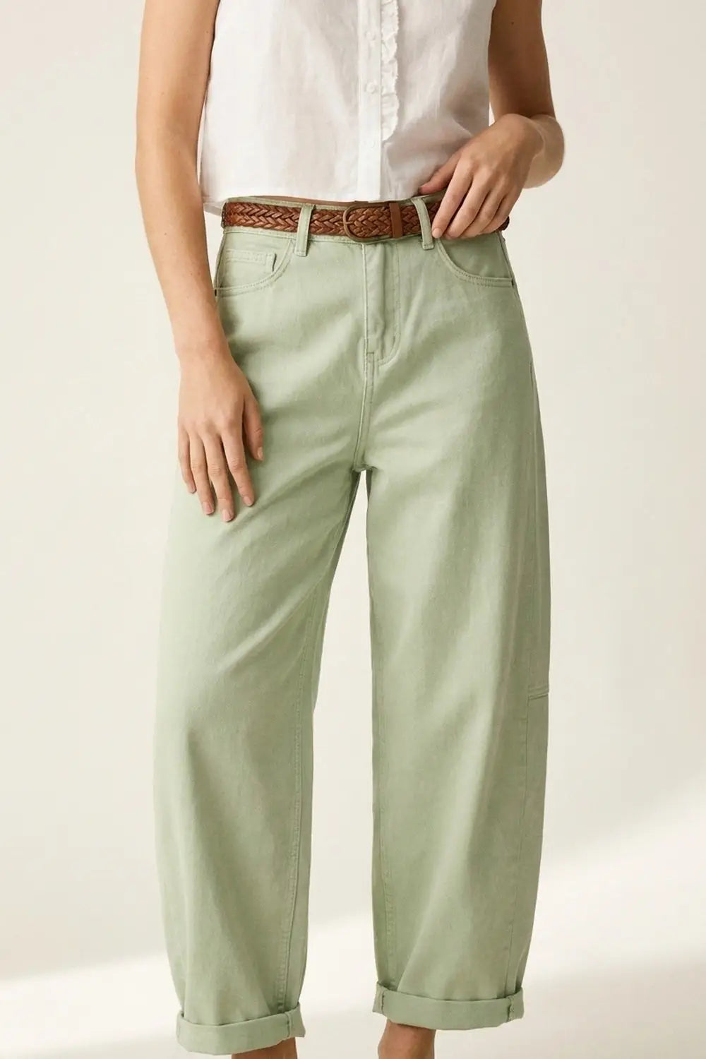 Light Green Wide-Leg Cotton Casual Pants in Barrel Style - Colored Jeans