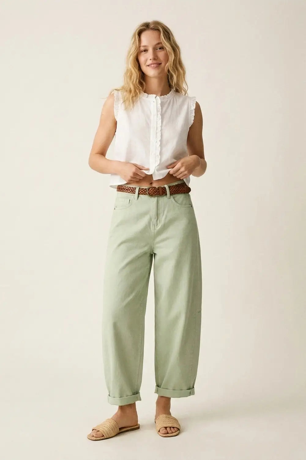 Light Green Wide-Leg Cotton Casual Pants in Barrel Style - Colored Jeans