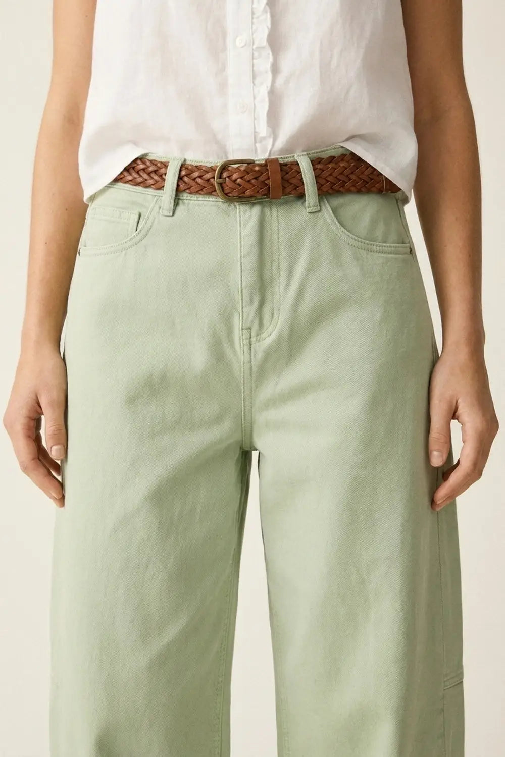 Light Green Wide-Leg Cotton Casual Pants in Barrel Style - Colored Jeans