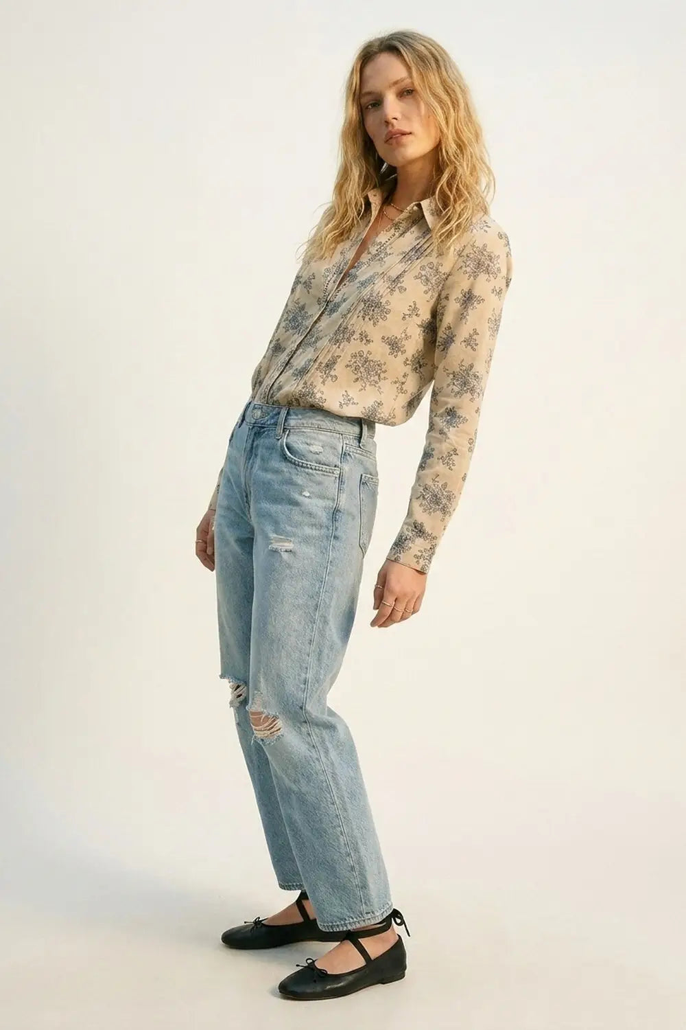 Beige Floral Printed Button-Up Shirt with chrochet Detail - Shirts