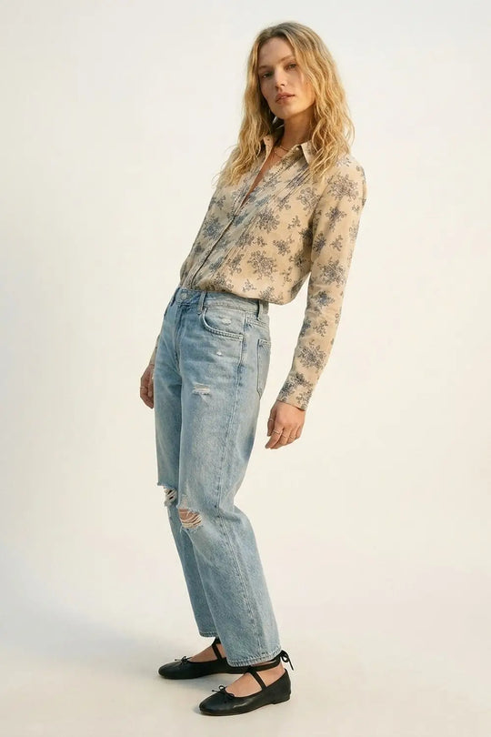Beige Floral Printed Button-Up Shirt with chrochet Detail - Shirts