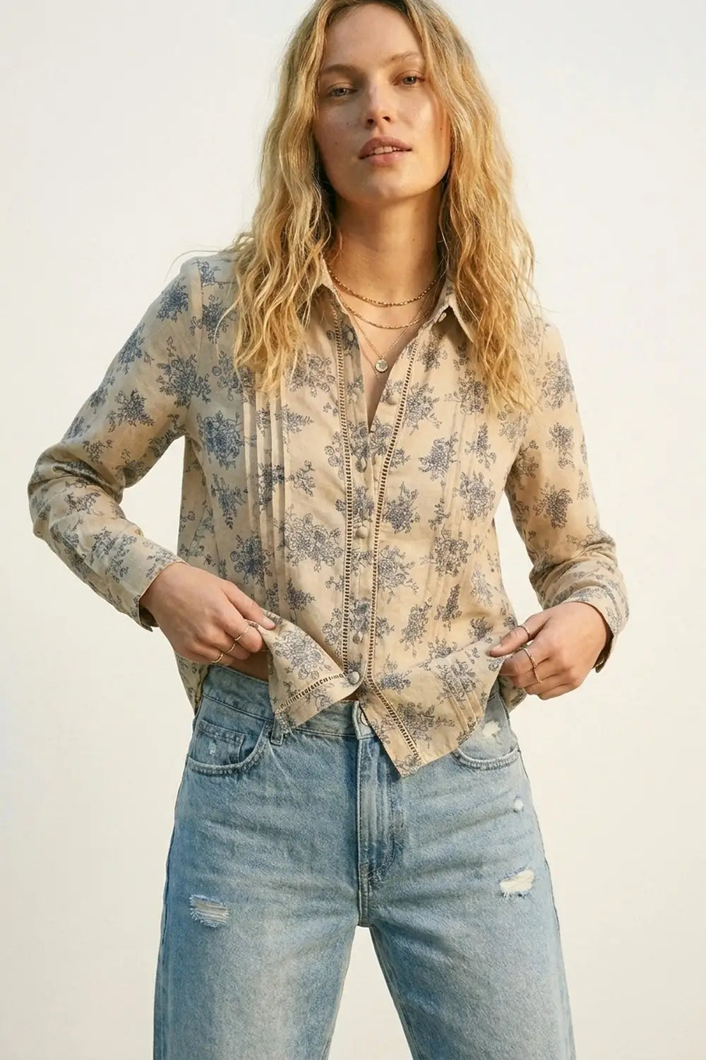 Beige Floral Printed Button-Up Shirt with chrochet Detail - Shirts