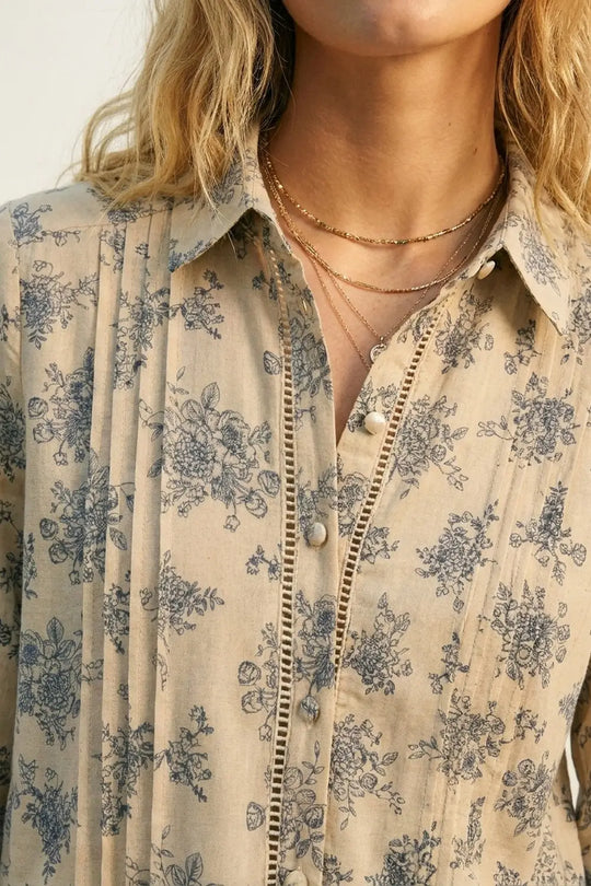Beige Floral Printed Button-Up Shirt with chrochet Detail - Shirts