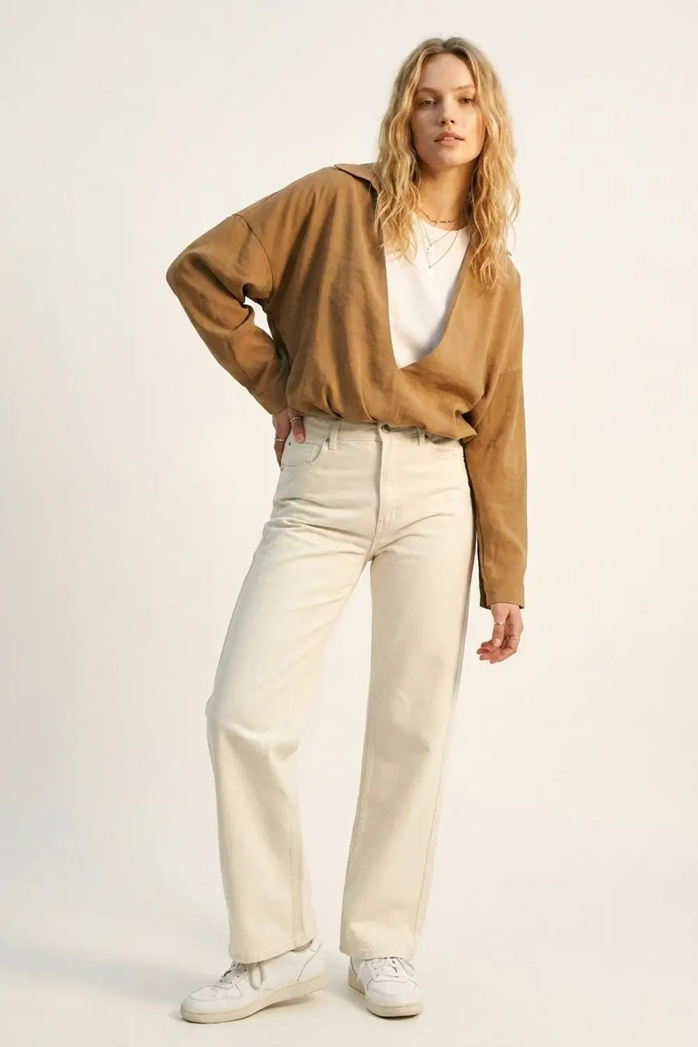 Camel Lightweight Textured Shirt and white t-shirt inside - Shirts