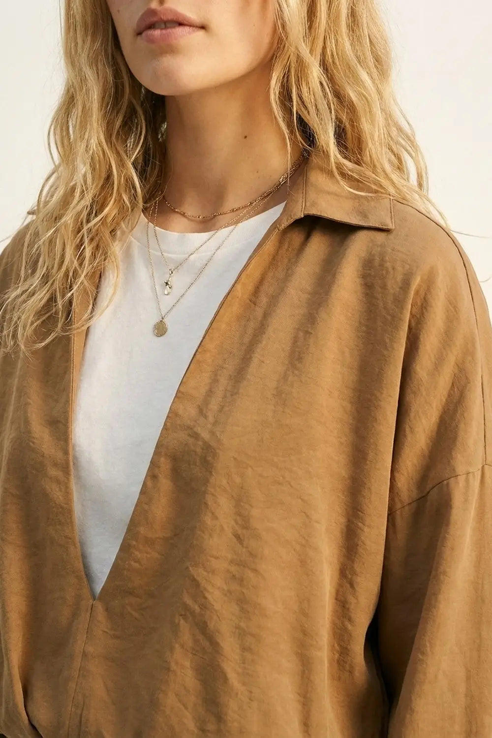 Camel Lightweight Textured Shirt and white t-shirt inside - Shirts