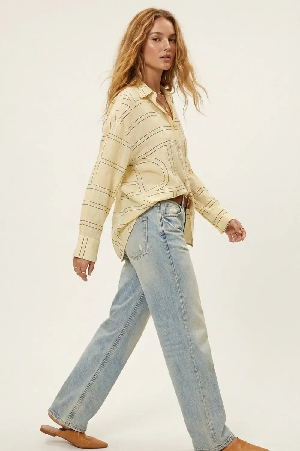 Beige Geometric Pattern Button-Down Shirt - Shirts