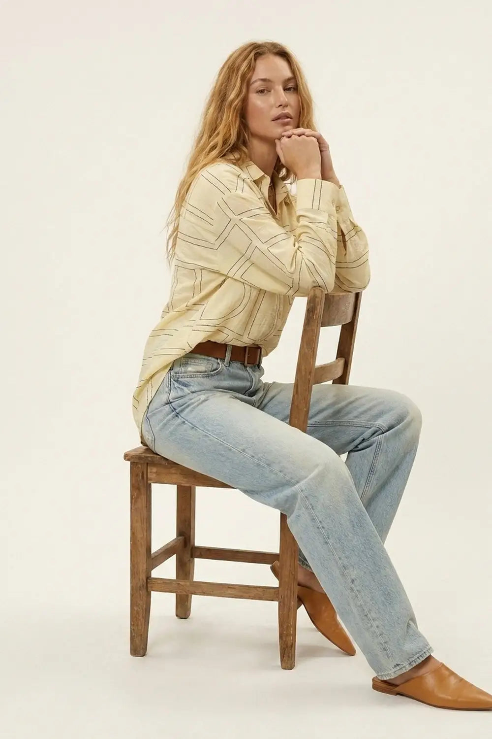 Beige Geometric Pattern Button-Down Shirt - Shirts