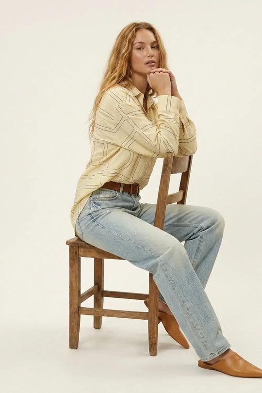 Beige Geometric Pattern Button-Down Shirt - Shirts