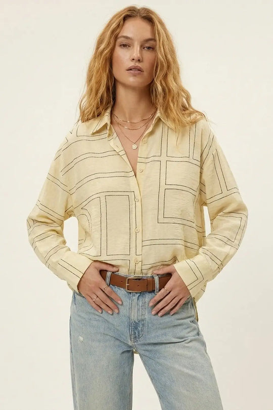 Beige Geometric Pattern Button-Down Shirt - Shirts