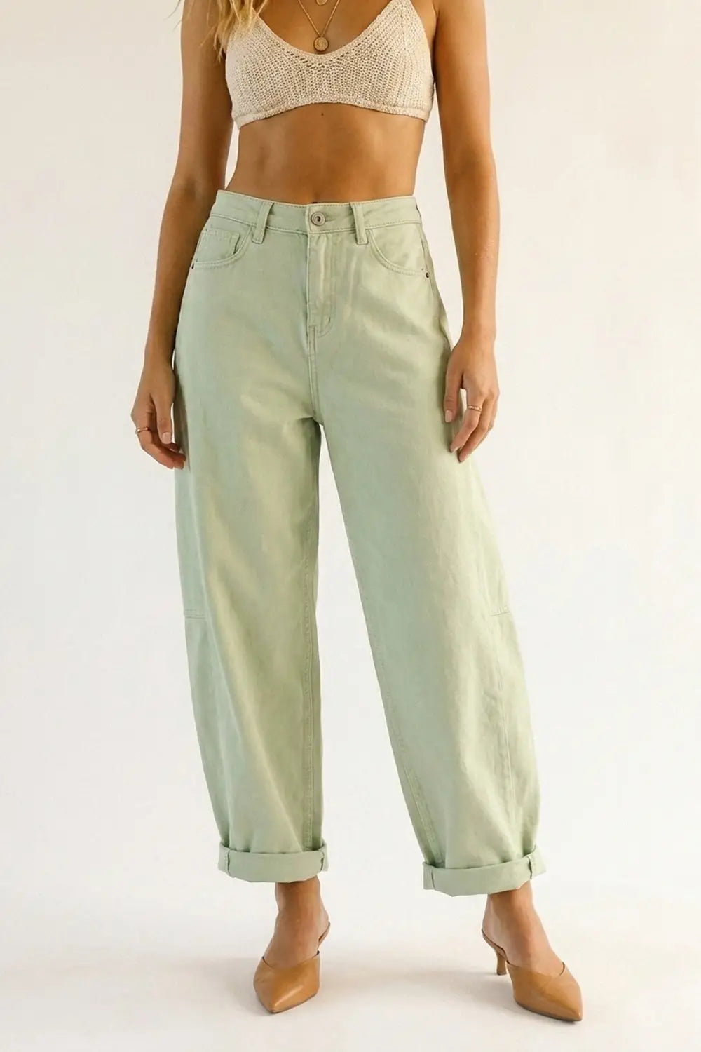 Light Green Wide-Leg Cotton Casual Pants in Barrel Style - Colored Jeans
