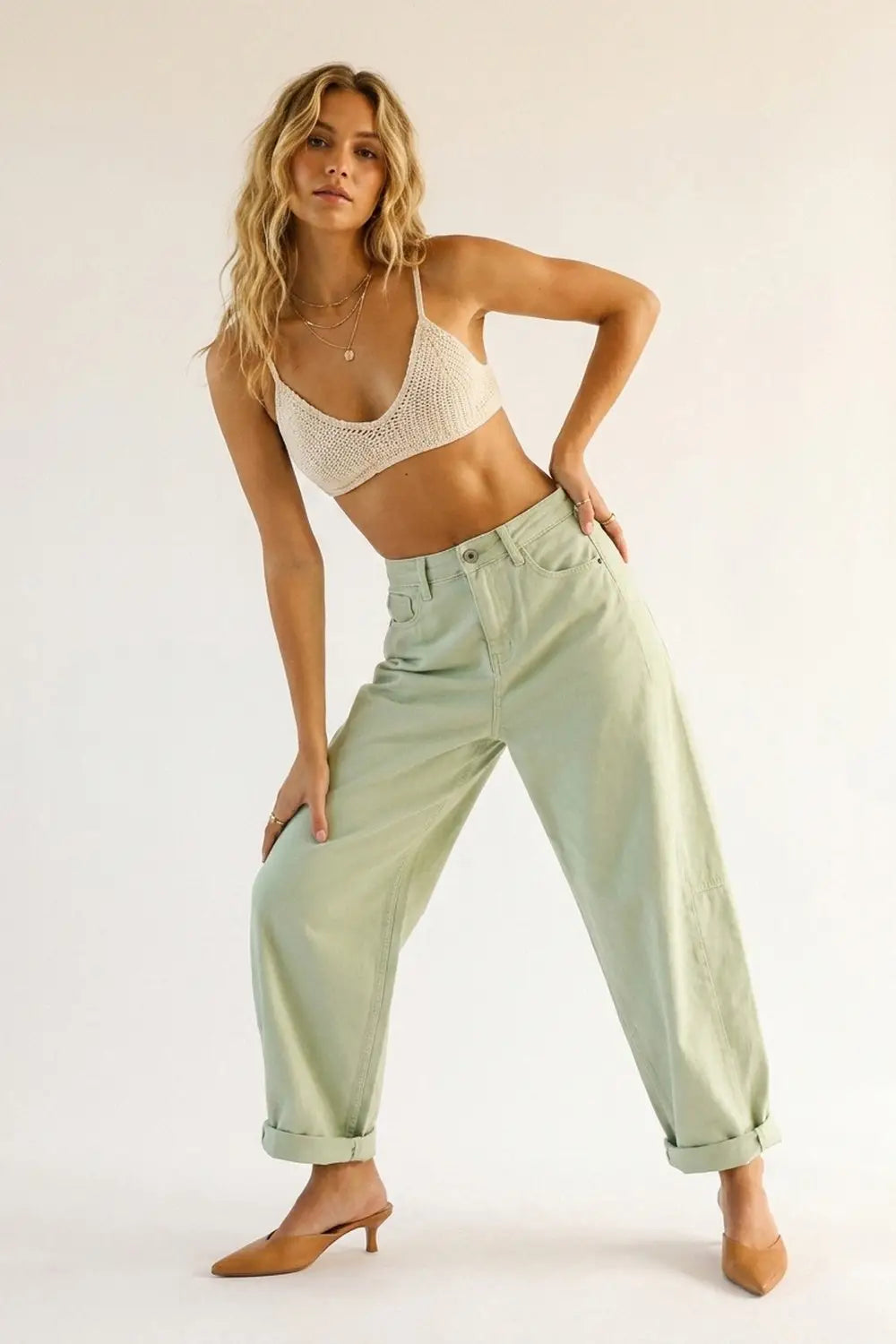 Light Green Wide-Leg Cotton Casual Pants in Barrel Style - Colored Jeans