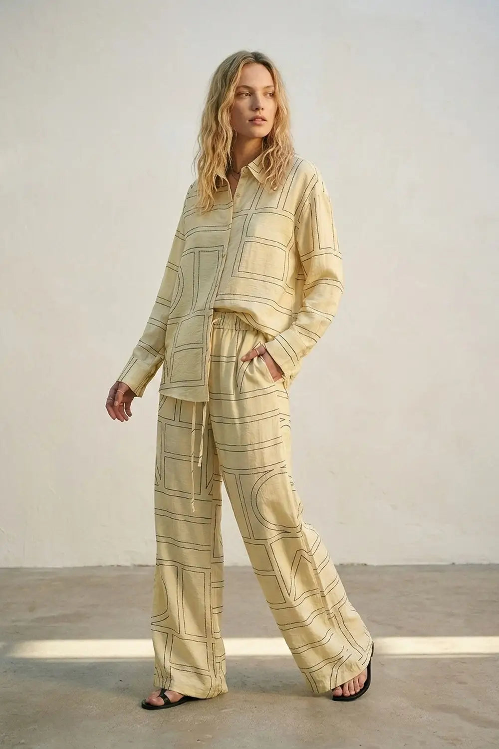 Beige Geometric Pattern Button-Down Shirt - Shirts