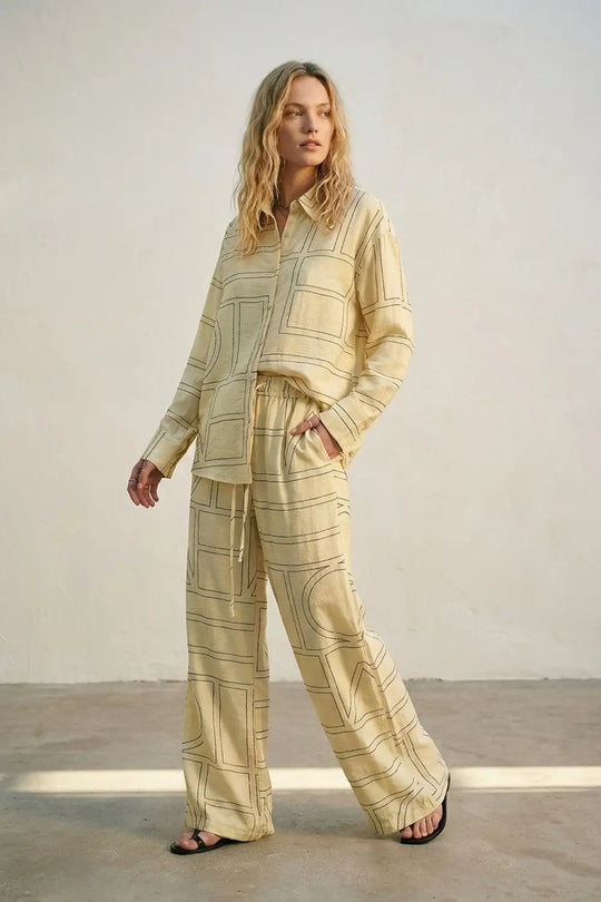 Beige Geometric Pattern Button-Down Shirt - Shirts