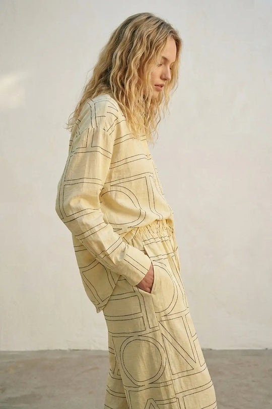Beige Geometric Pattern Button-Down Shirt - Shirts