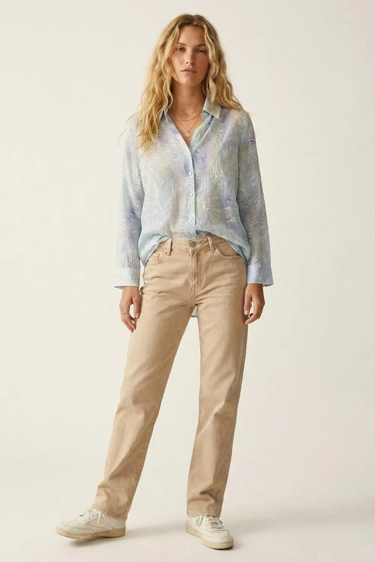 Light Blue Sheer Leaf Print Button-Up Shirt with translucent fabric - Shirts