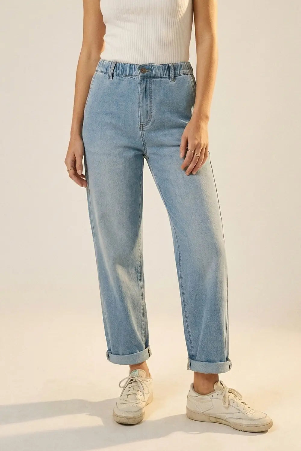 Relaxed Fit Light Wash Elastic Waist Denim Jeans
