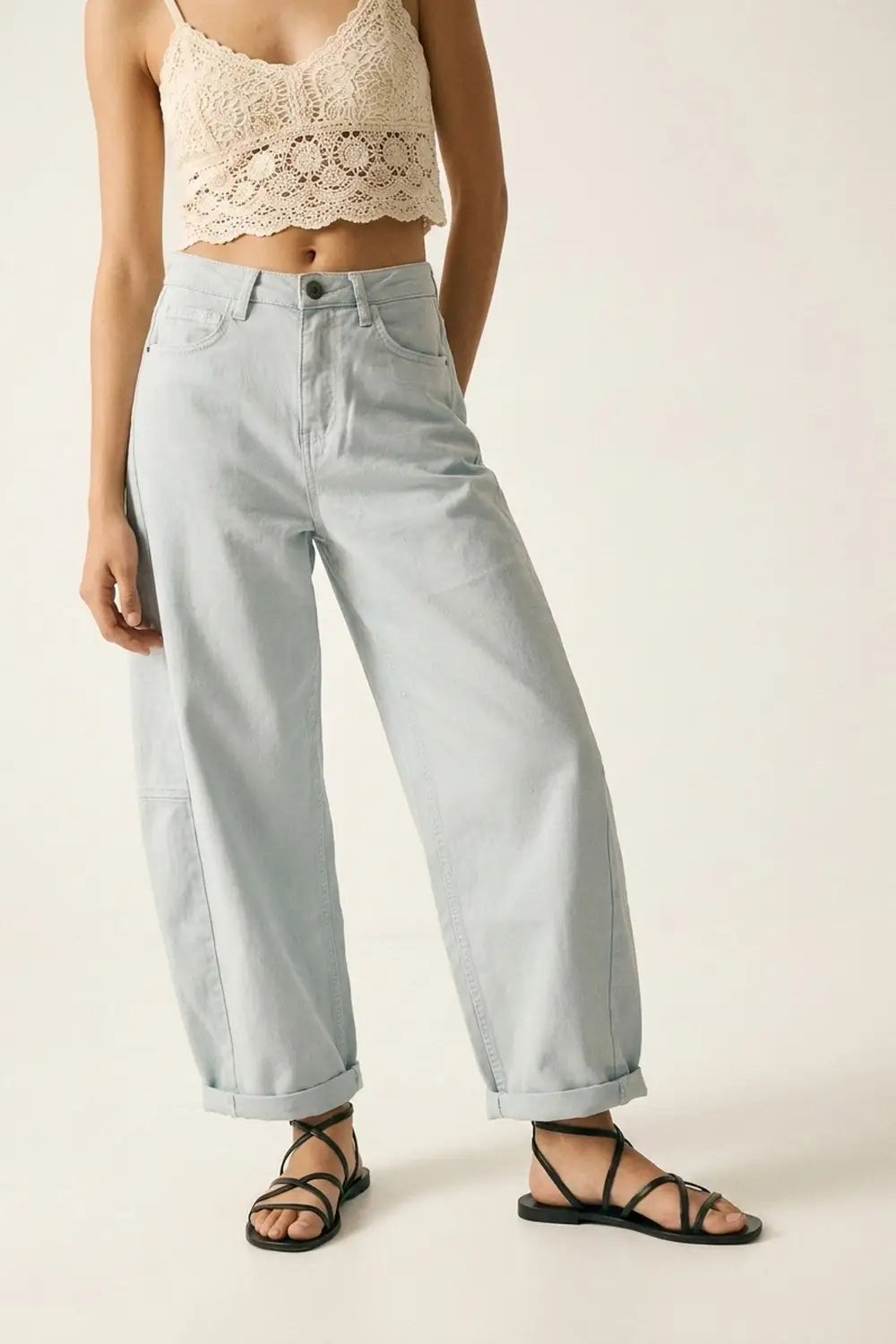 Light Blue Wide-Leg lightweight Cotton Pants in Barrel Style - Colored Jeans