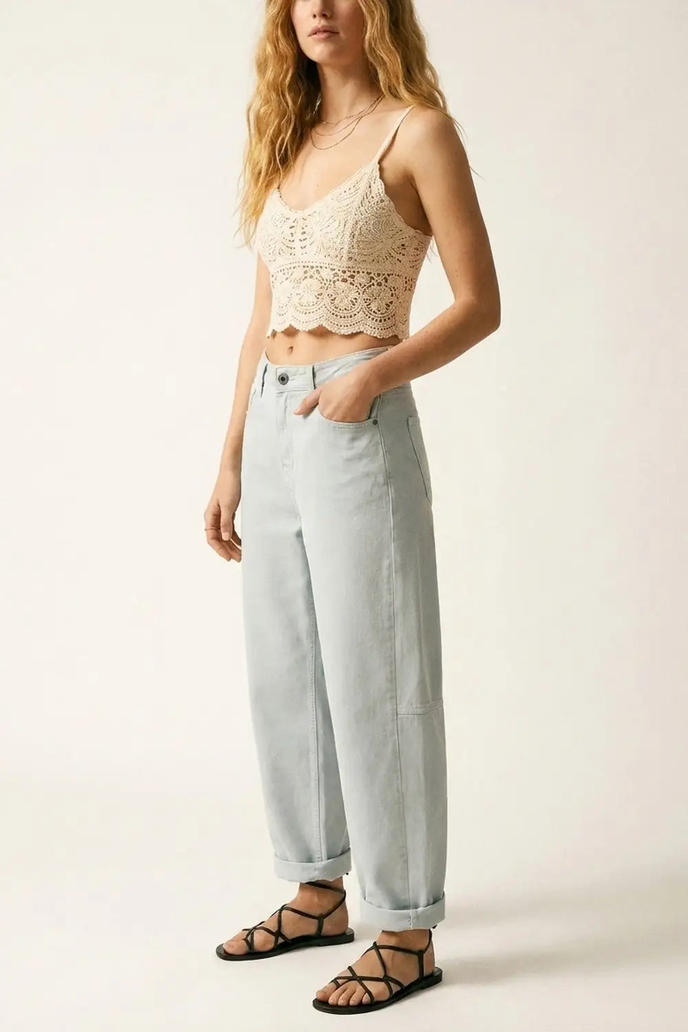 Light Blue Wide-Leg lightweight Cotton Pants in Barrel Style - Colored Jeans