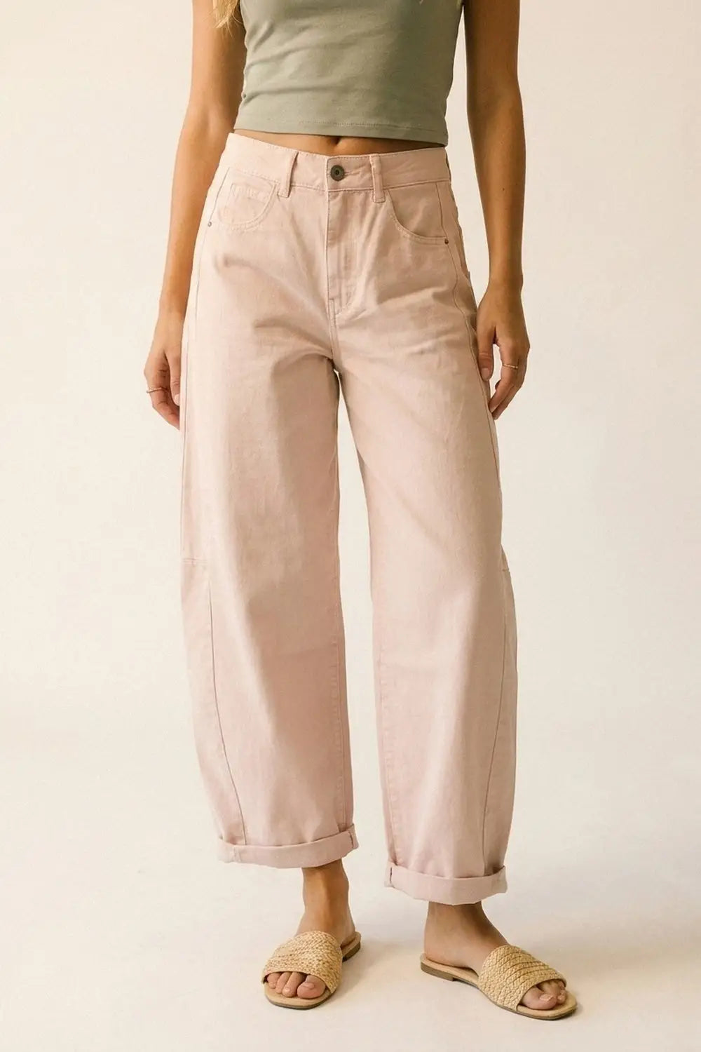 Light Pink Wide-Leg Barrel style Pants with Rolled Hems - Colored Jeans