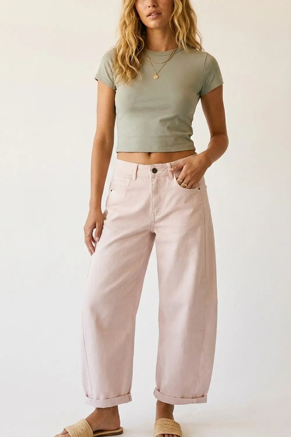 Light Pink Wide-Leg Barrel style Pants with Rolled Hems - Colored Jeans