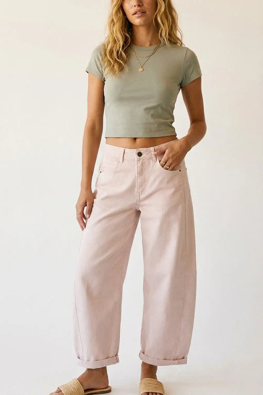Light Pink Wide-Leg Barrel style Pants with Rolled Hems - Colored Jeans