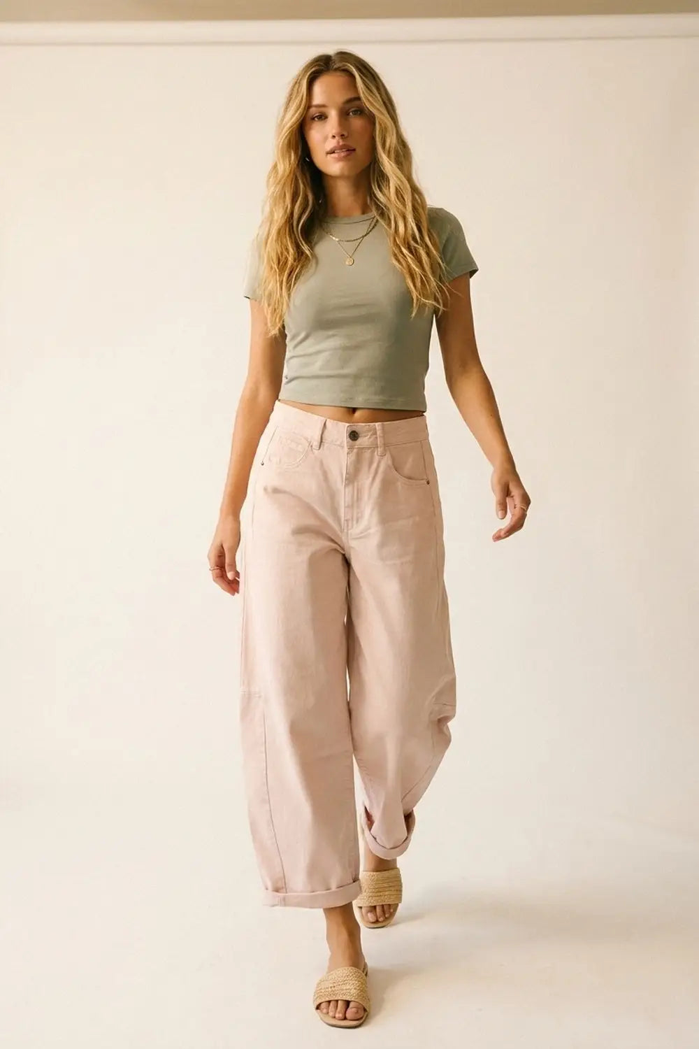 Light Pink Wide-Leg Barrel style Pants with Rolled Hems - Colored Jeans