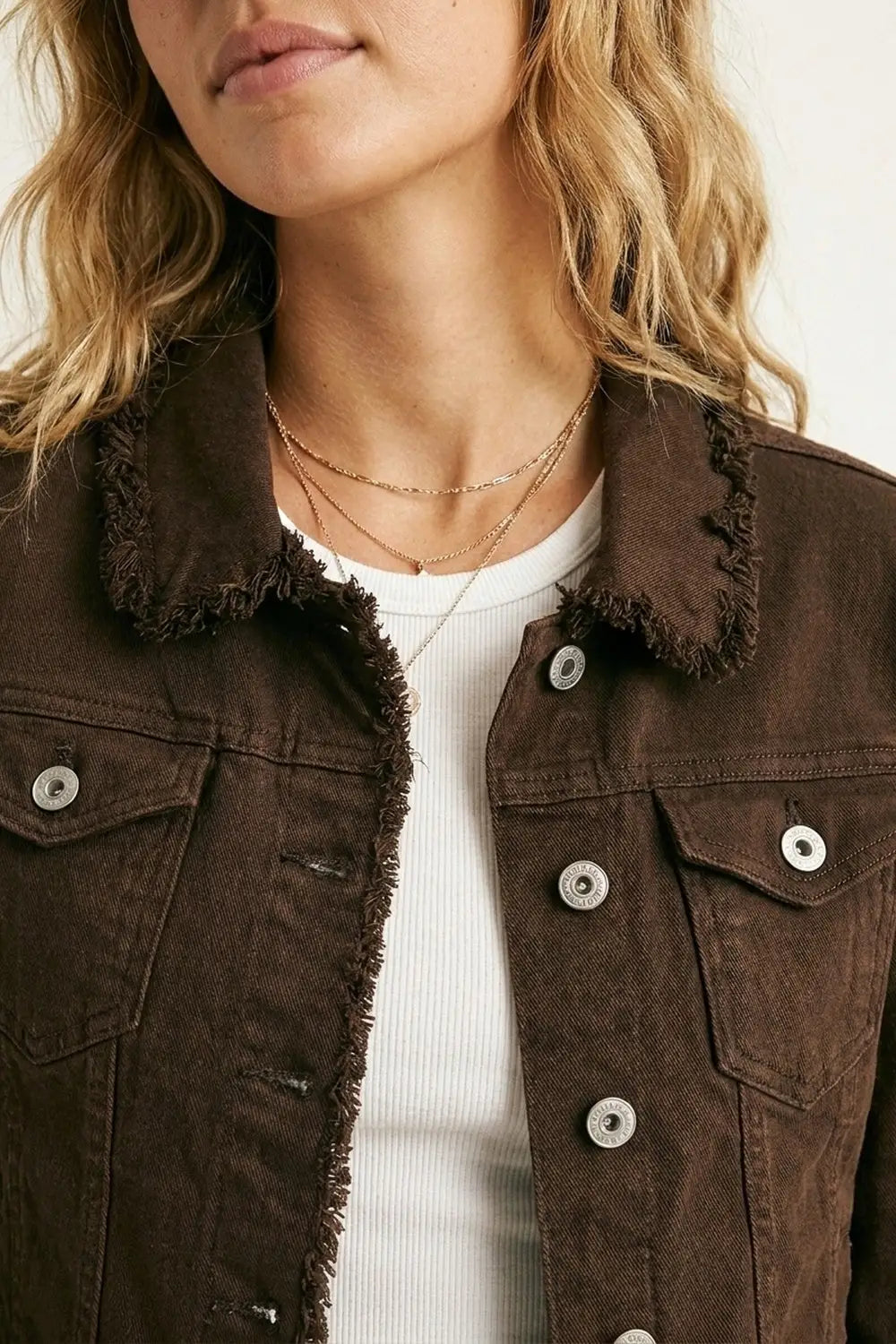 Raw edge denim jacket in chocolate color - Jackets