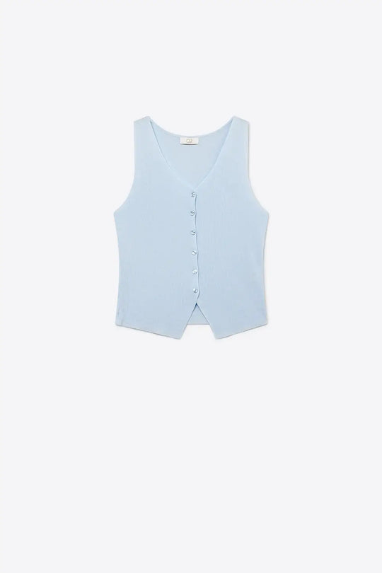Light Blue Ribbed Knit Sleeveless Button vest - BLUE / ONE - Tops