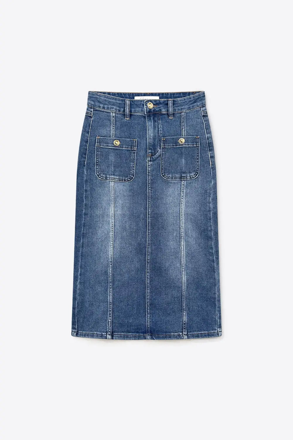 Mid Wash Denim Midi Skirt with Front Patch Pockets - Skirts