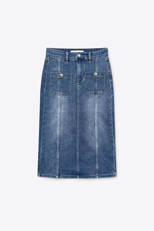 Mid Wash Denim Midi Skirt with Front Patch Pockets - Skirts