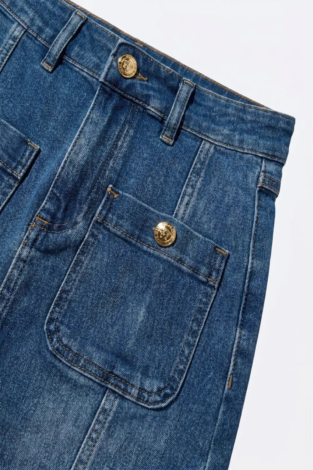 Mid Wash Denim Midi Skirt with Front Patch Pockets - Skirts
