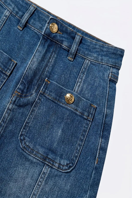Mid Wash Denim Midi Skirt with Front Patch Pockets - Skirts
