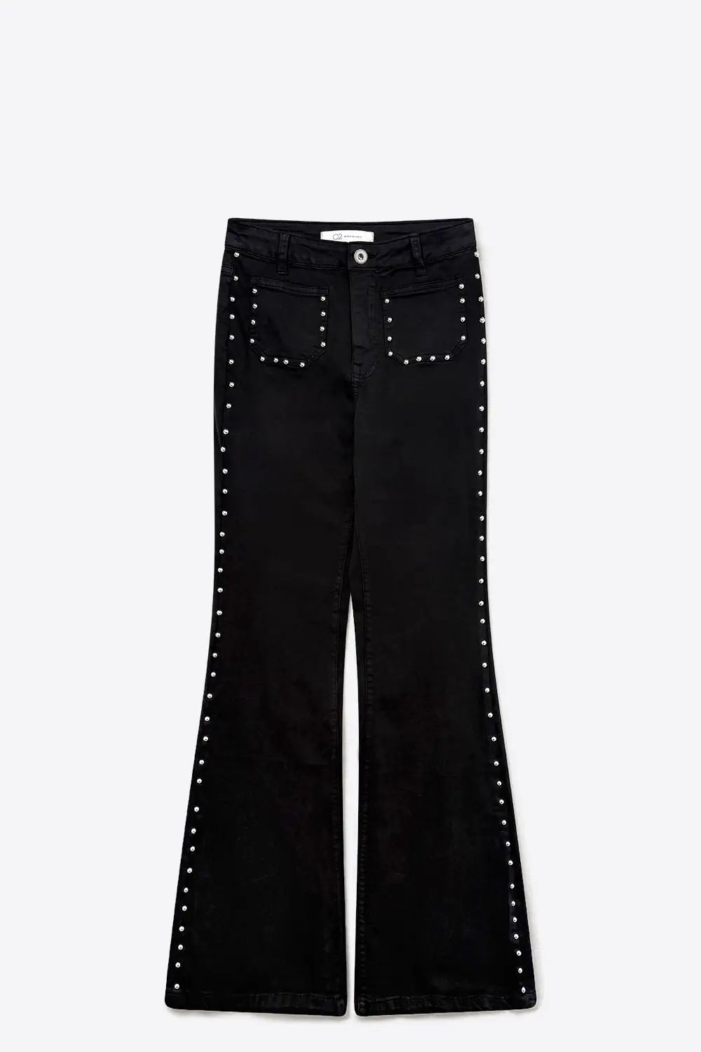 Black Studded Flare Jeans With Front Pocket Detail - Pants