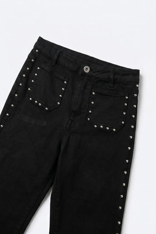 Black Studded Flare Jeans With Front Pocket Detail - Pants