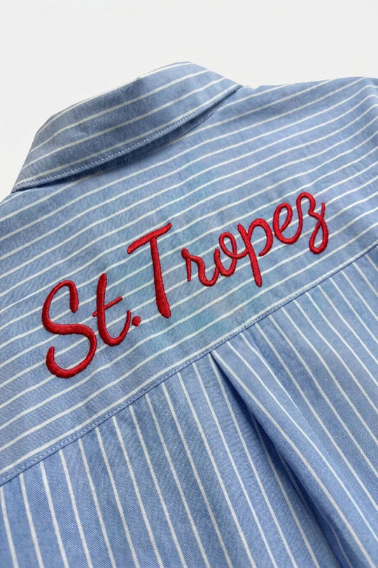 Blue Striped Classic Button-Down Shirt with Embroidery - Shirts