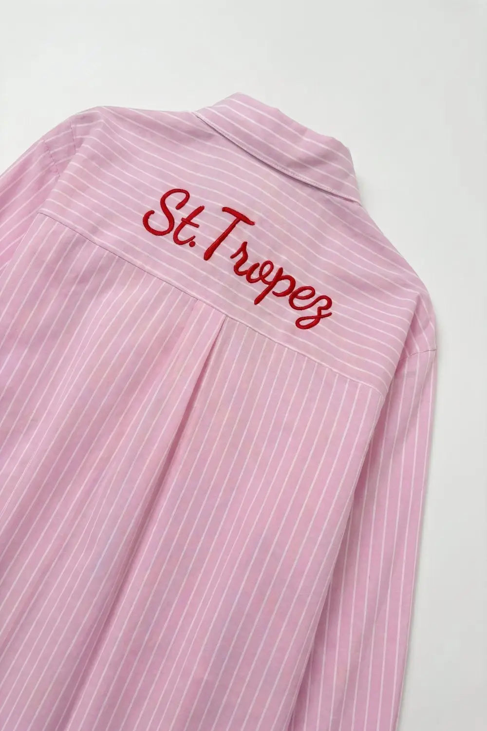 Pink Striped Button-Up Shirt with Embroidered Detail - Shirts