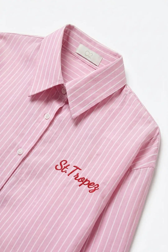 Pink Striped Button-Up Shirt with Embroidered Detail - Shirts