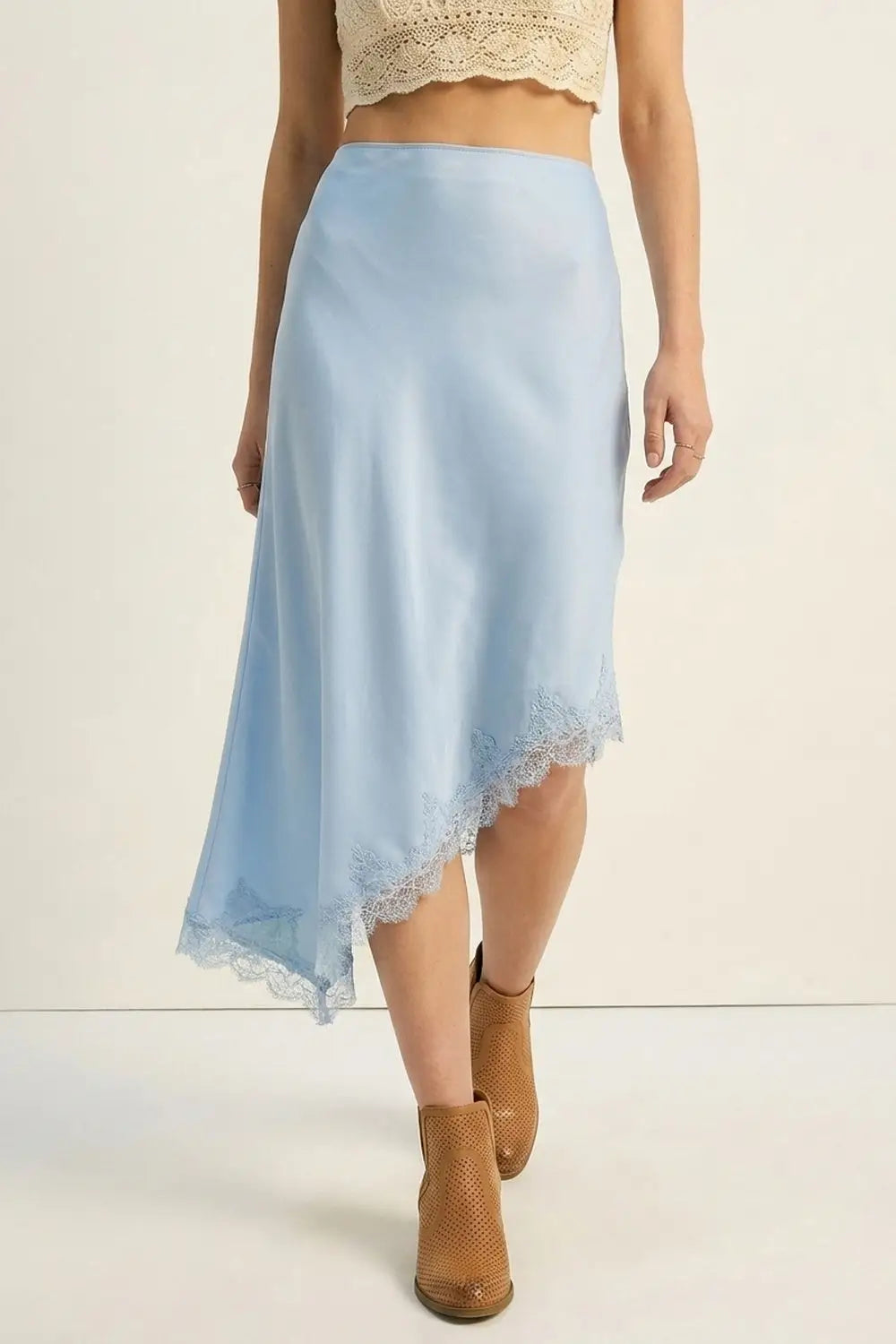 baby Blue Satin Asymmetric Lace Trim Skirt - Skirts