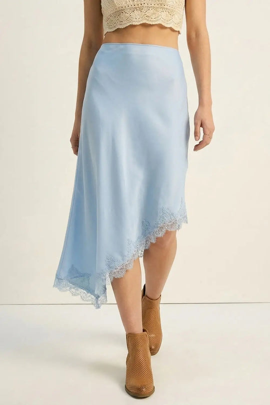 baby Blue Satin Asymmetric Lace Trim Skirt - Skirts