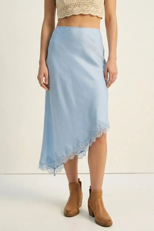 baby Blue Satin Asymmetric Lace Trim Skirt - Skirts