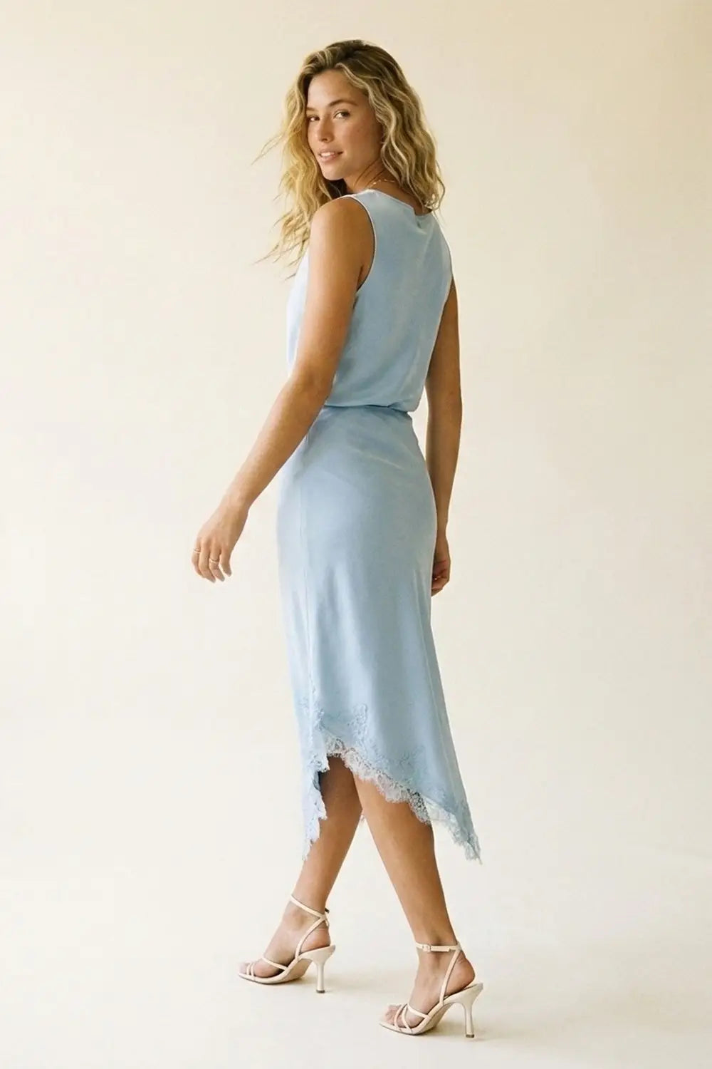 baby Blue Satin Asymmetric Lace Trim Skirt - Skirts