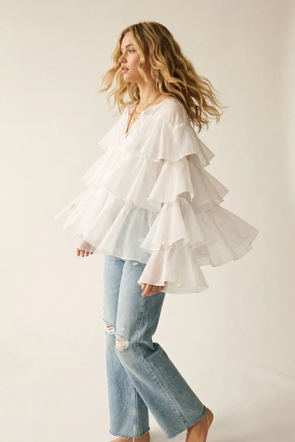 White Tiered Ruffle Peplum Blouse with Tie Neck - Shirts