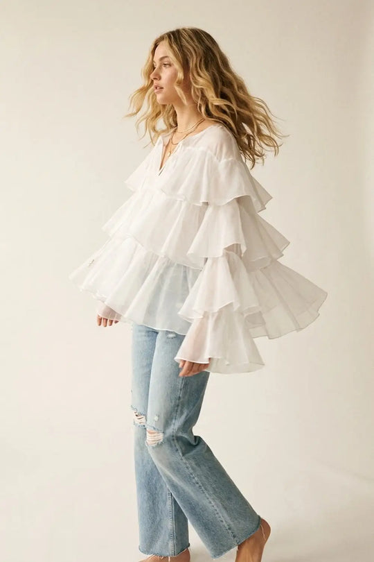 White Tiered Ruffle Peplum Blouse with Tie Neck - Shirts