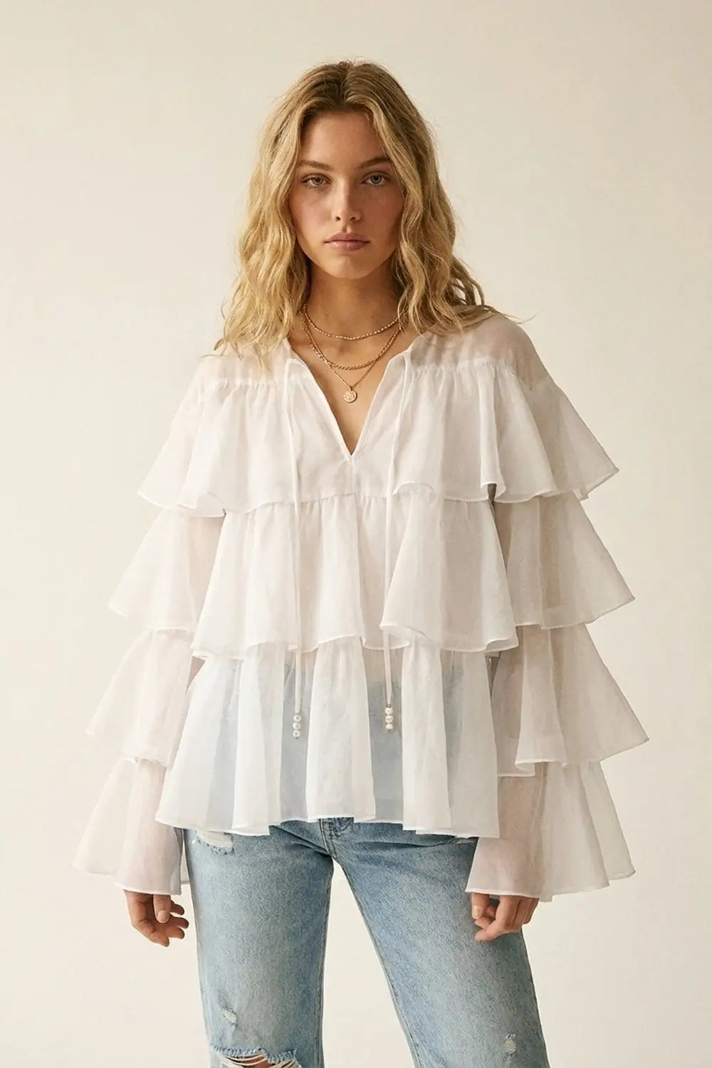 White Tiered Ruffle Peplum Blouse with Tie Neck - Shirts