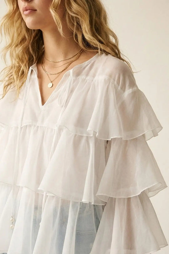 White Tiered Ruffle Peplum Blouse with Tie Neck - Shirts