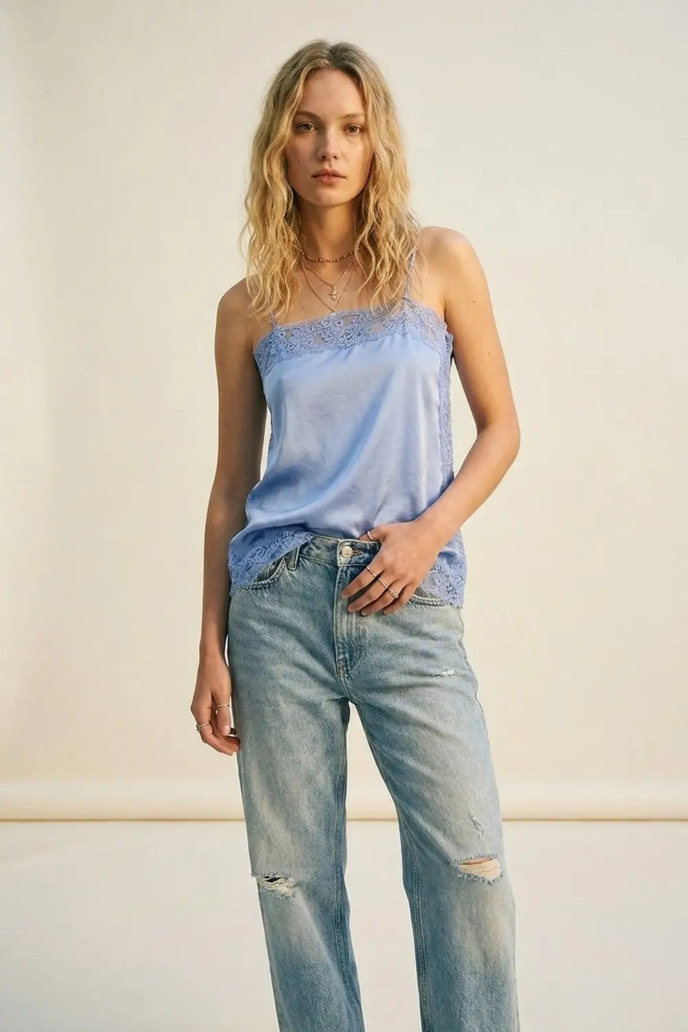 Light Blue Lace Trim Satin Slip top - Tops