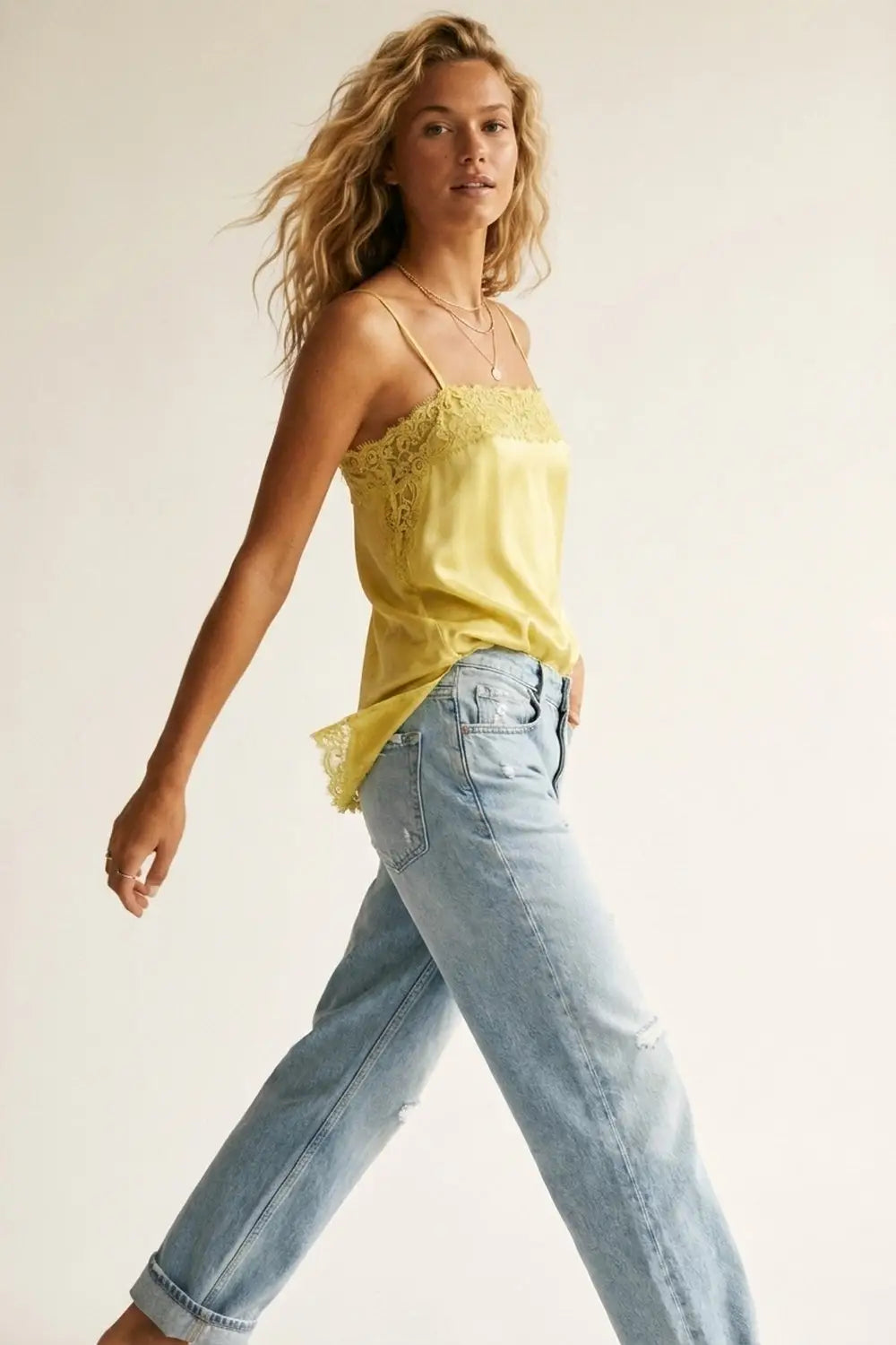 Yellow Satin Slip top with Lace Trim Details - Tops