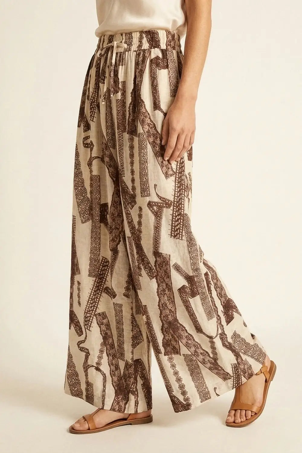Cream and Brown Printed Wide-Leg Palazzo Pants with ankle lenght - Pants
