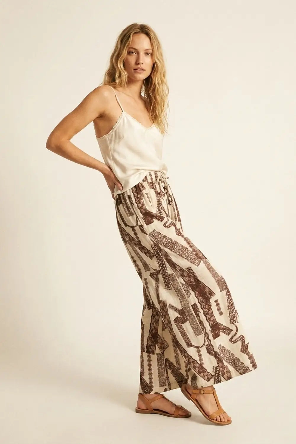 Cream and Brown Printed Wide-Leg Palazzo Pants with ankle lenght - Pants