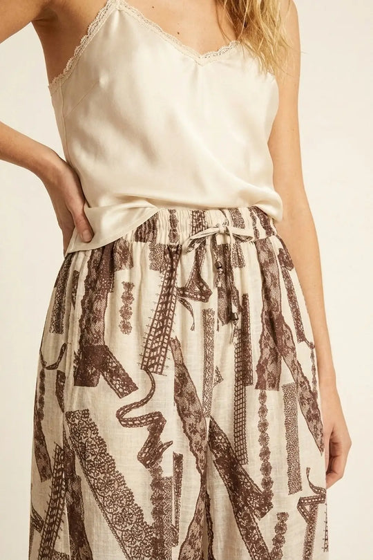 Cream and Brown Printed Wide-Leg Palazzo Pants with ankle lenght - Pants